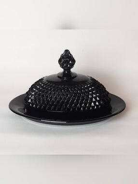 Vintage 1970's Tiara Exclusive Black Diamond Point Butter Dish With Lid
